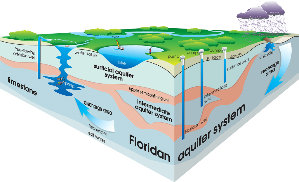 Cutaway illustration of the Floridan aquifer system showing recharge, groundwater layers, springs, rivers, wells, and discharge areas